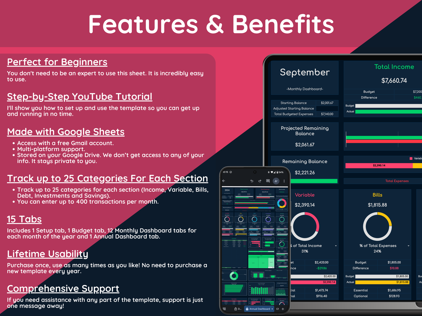 Google Sheets Monthly and Annual Budget - Dark Mode