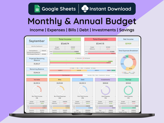 Google Sheets Monthly and Annual Budget - Light Mode