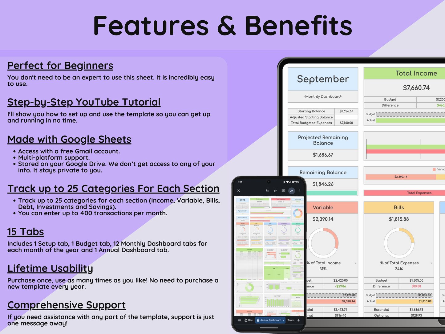 Google Sheets Monthly and Annual Budget - Light Mode