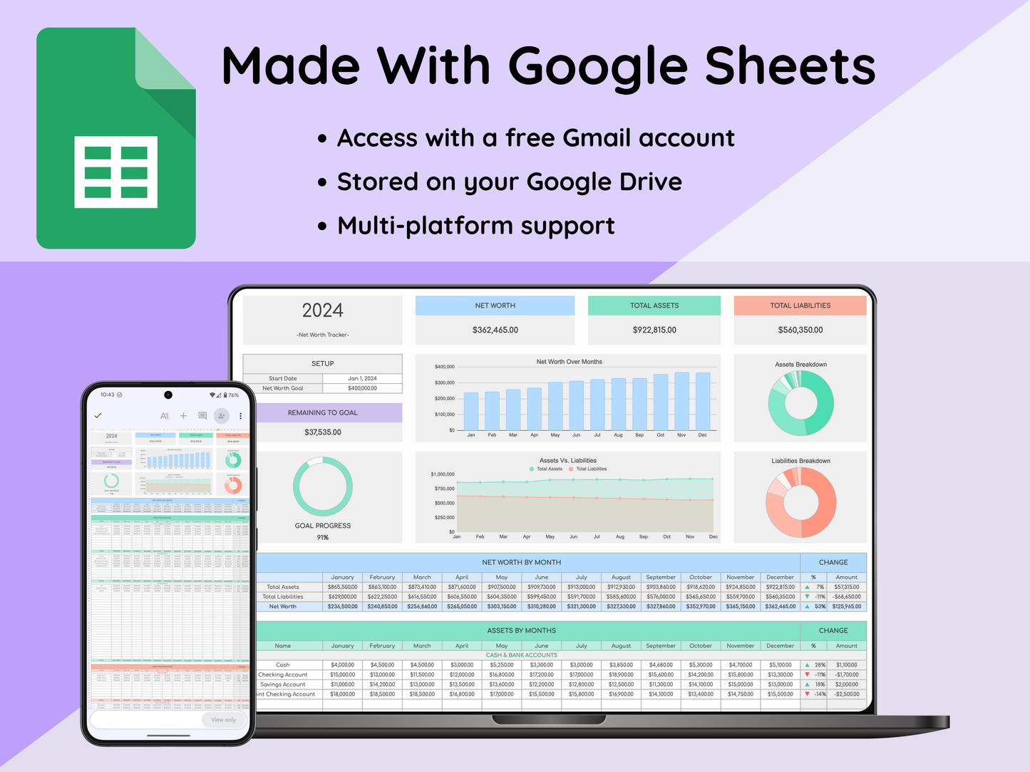 Google Sheets Net Worth Tracker - Light Mode