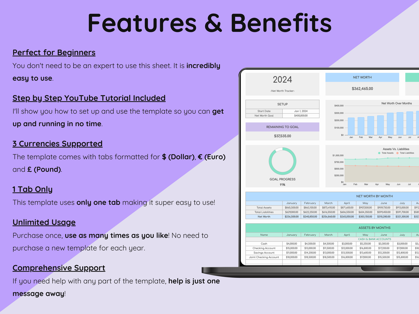 Google Sheets Net Worth Tracker - Light Mode