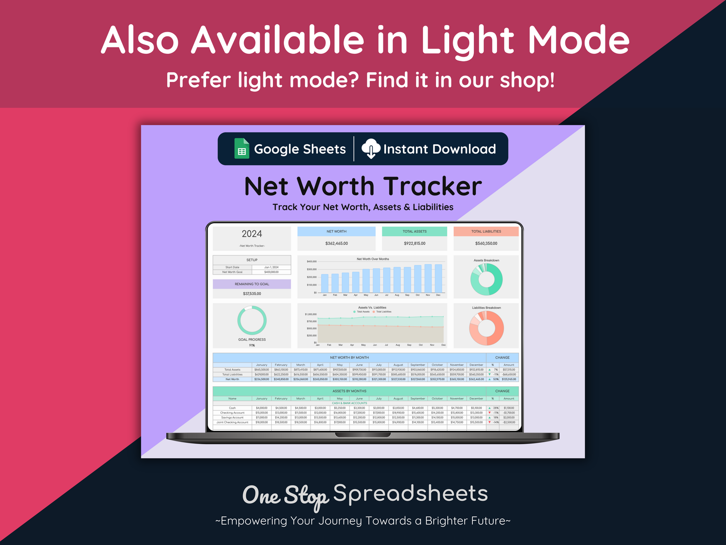 Google Sheets Net Worth Tracker - Dark Mode