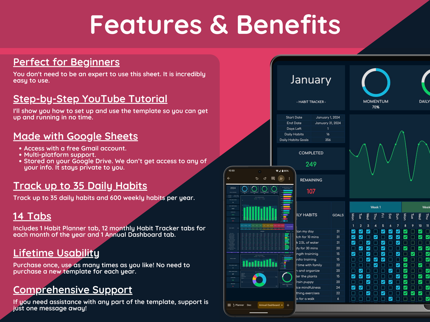 Google Sheets Ultimate Habit Tracker - Dark Mode