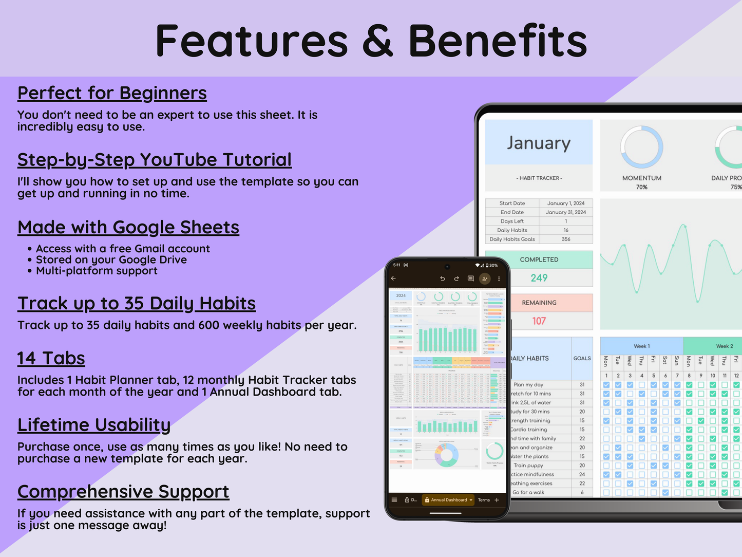 Google Sheets Ultimate Habit Tracker - Light Mode