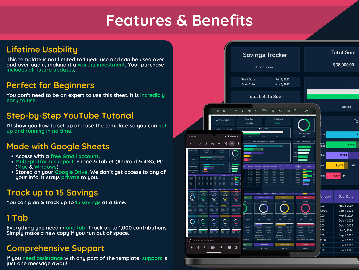 Google Sheets Savings Tracker - Dark Mode