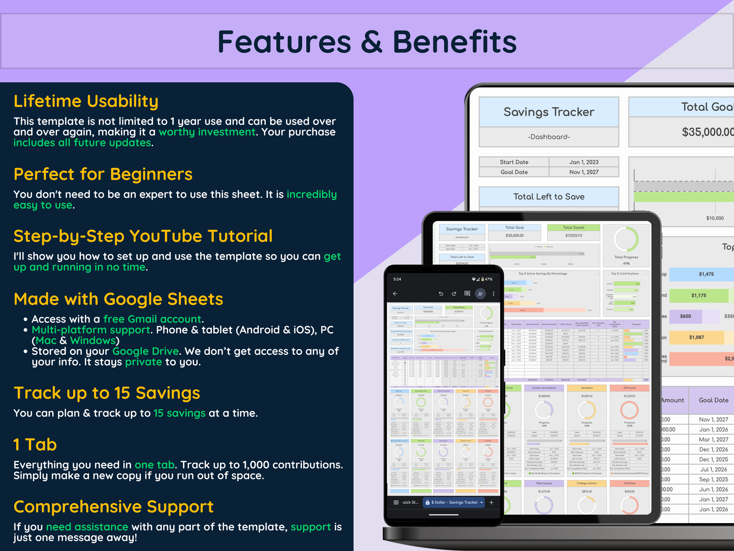 Google Sheets Savings Tracker - Light Mode